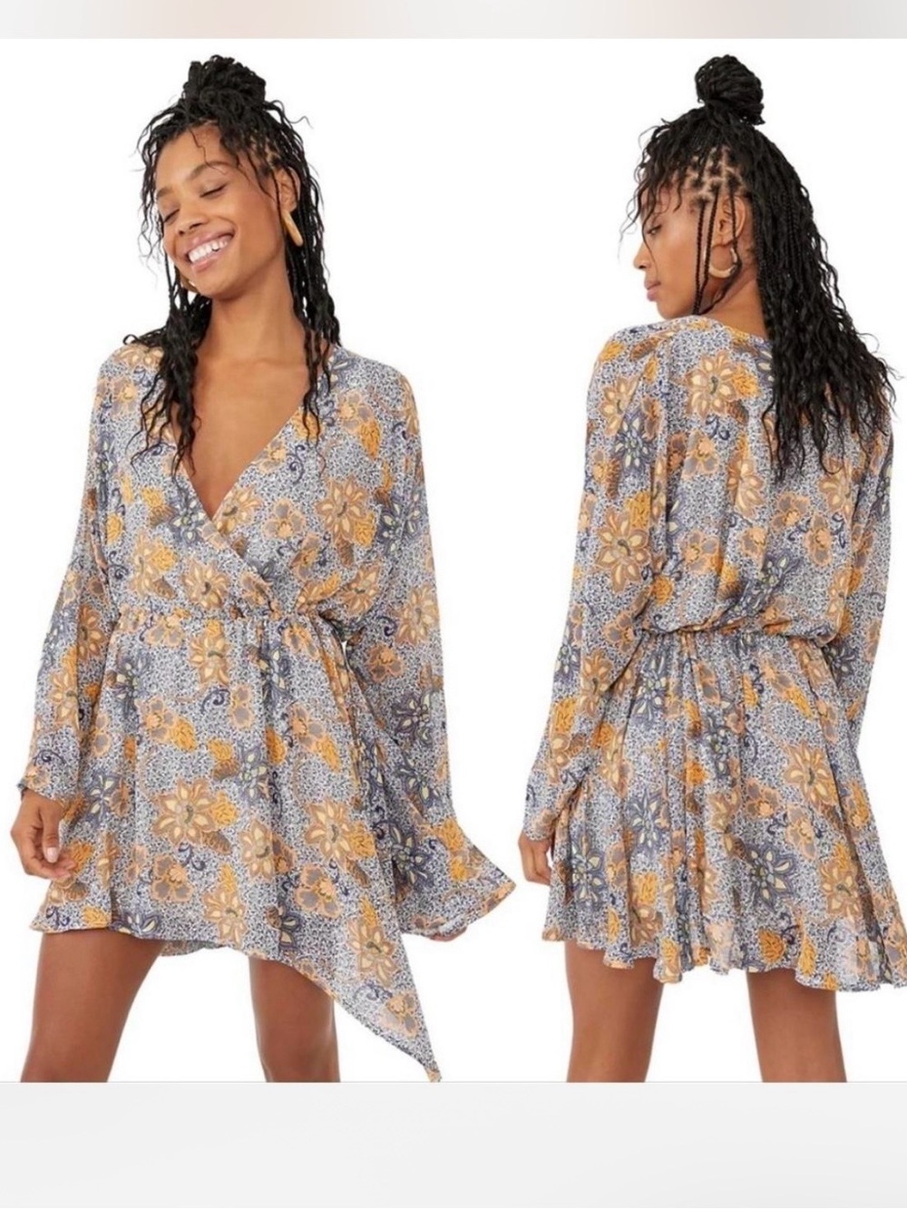 Free People Teegan Floral Long Sleeve Mini Dress Sky Combo Blue